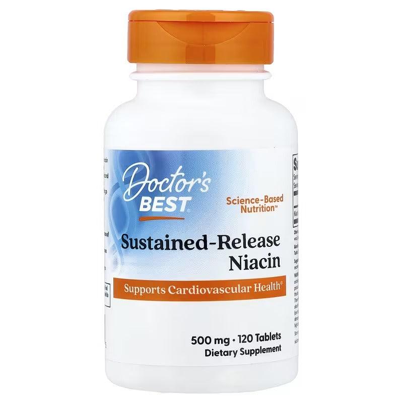 Sustained-release niacin dietary supplement bottle with orange cap and front label