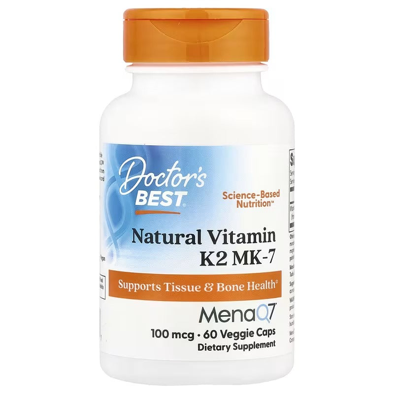 Vitamin K2 MK-7 supplement bottle, MenaQ7 100 mcg, 60 veggie caps, orange cap