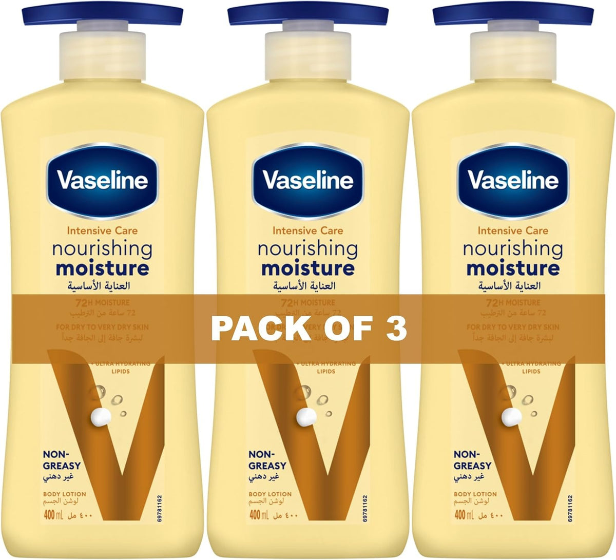 Vaseline Intensive Care Body Lotion, for Dry to Very Dry Skin, Nourishing Moisture, 72hr Moisturising, 3 x 400ml