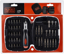 Ratchet screwdriver bit set in open case with black bit organizer and ratchet handle