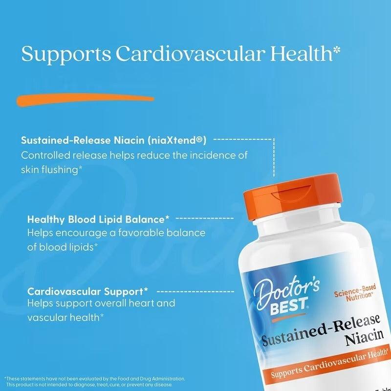 Sustained-release niacin bottle with orange cap and cardiovascular health text