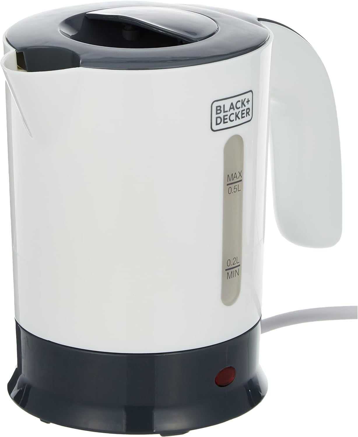 White travel kettle with dark base, top lid, and water level window