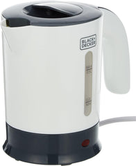 White travel kettle with dark base, top lid, and water level window