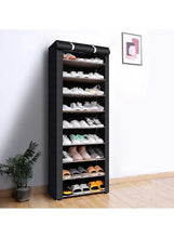 Black fabric shoe storage cabinet with open shelves for multiple pairs