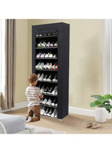 Black fabric dustproof shoe storage cabinet with 9 stacked shelves