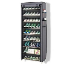 Dark shoe rack cabinet with 9 tiers and fabric cover, holding multiple pairs of shoes