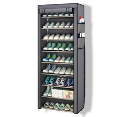 Huitich 9 tier shoe rack with cover in gray storing multiple pairs of shoes and accessories
