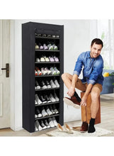 Black upright shoe storage cabinet with dust cover and 9 tier shelves