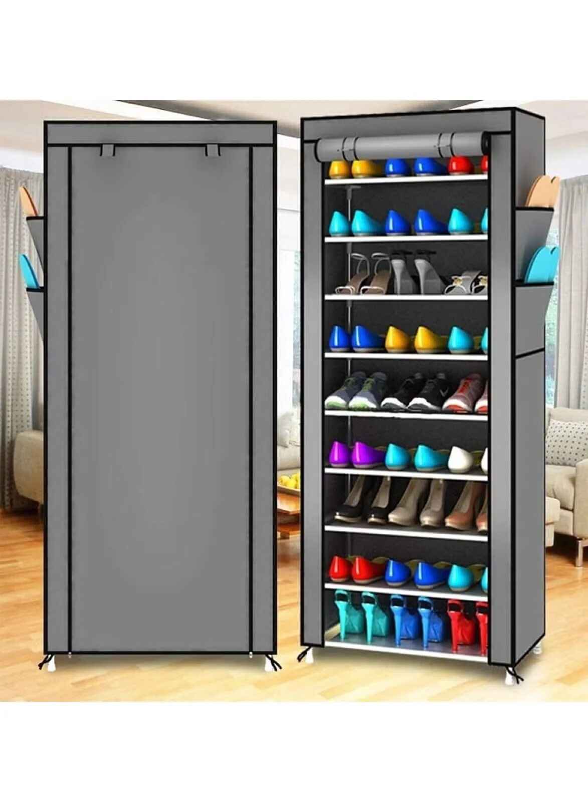 Huitich 9 tier shoe rack with cover in gray storing multiple pairs of shoes and boots