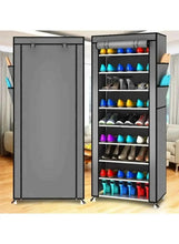 Shoe rack cabinet with open shelves and fabric cover panels, storing multiple pairs