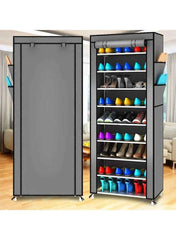 Huitich 9 tier shoe rack with cover in gray storing multiple pairs of shoes and boots