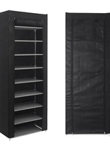 Black fabric 9-tier shoe rack organizer with multiple open shelves