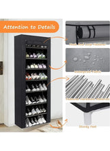 Black fabric shoe storage cabinet with reinforced frame and angled base supports