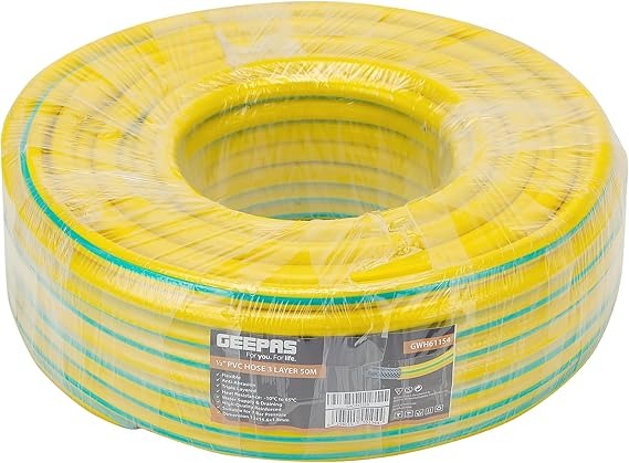 Geepas 1/2 PVC Hose- GWH61154| 50 M, 3-Layer Construction with High Flexibility| Ideal for, Gardening, Watering, Cleaning and other Outdoor and Indoor Uses| Yellow and green 1 Year Warranty