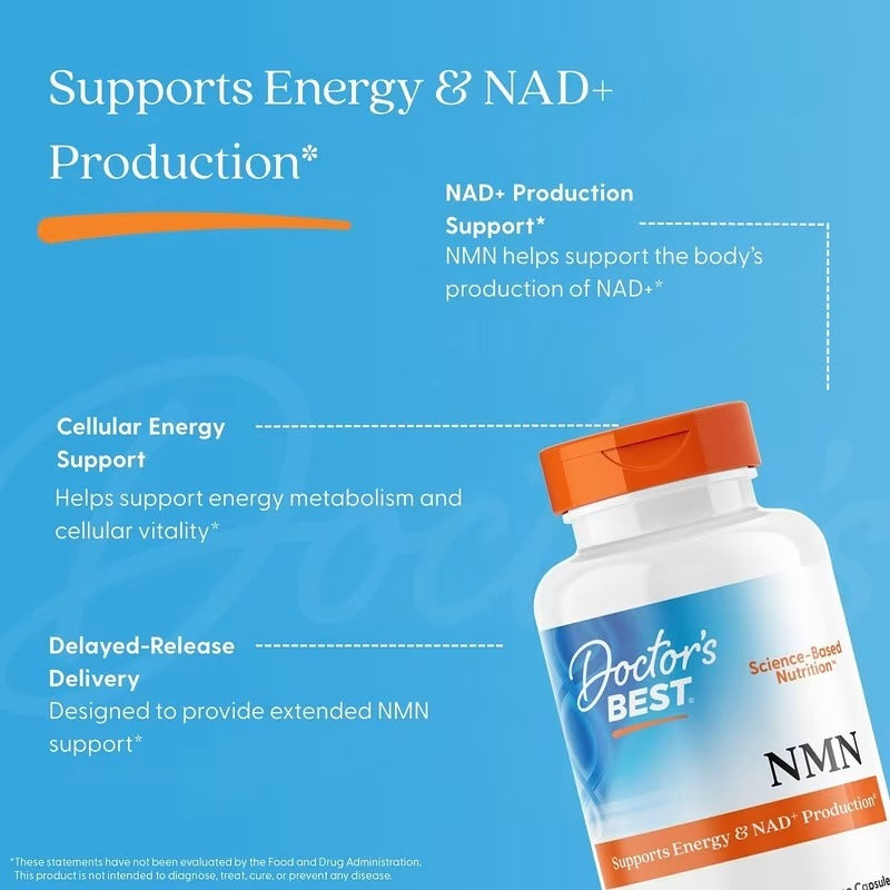 NMN delayed release supplement bottle with orange cap and front label