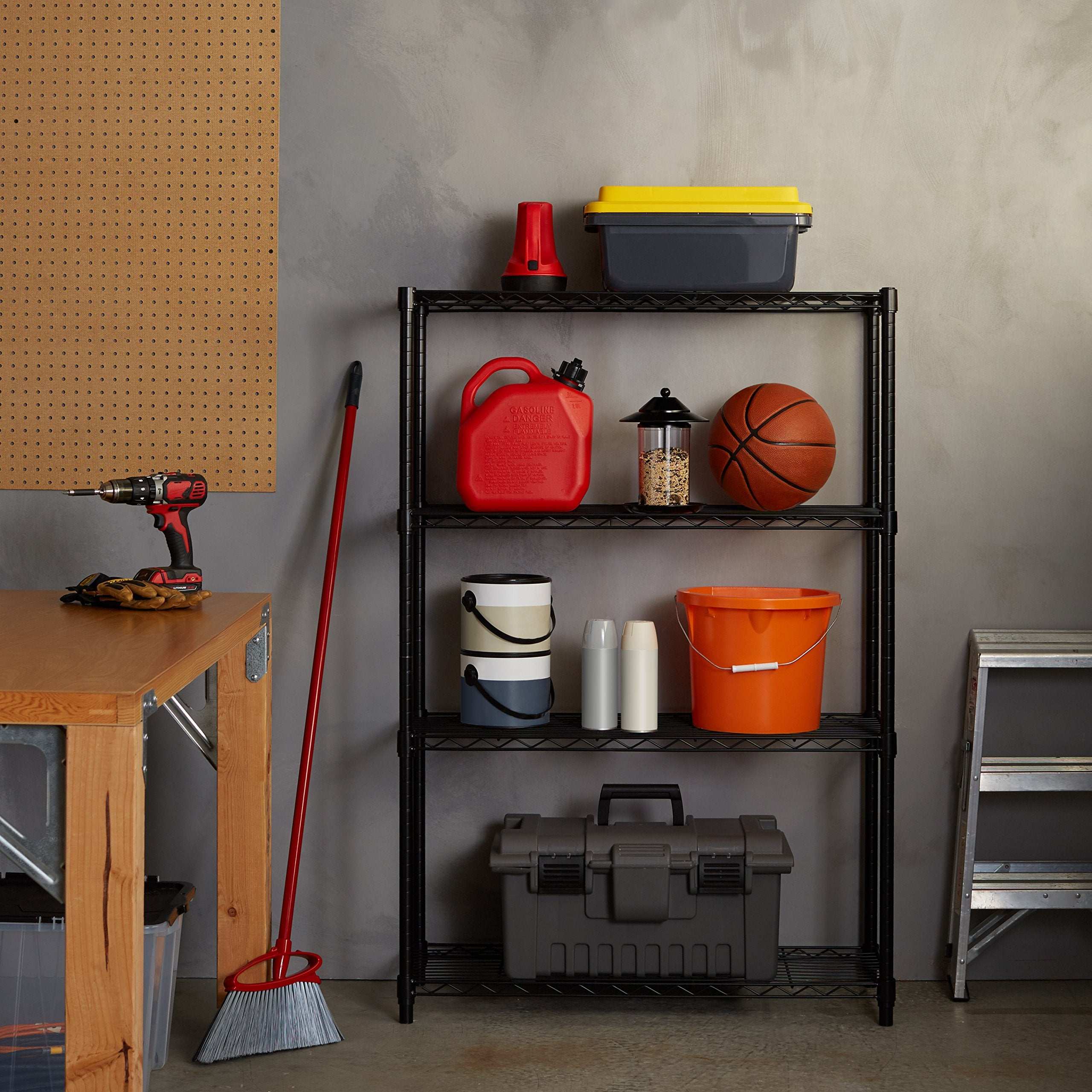 4-Shelf Storage Unit With Height Adjustable Shelves and Levelling Feet, 640 kg Max Weight, Black, 35.6 cm D x 91.4 cm W x 137.1 cm H