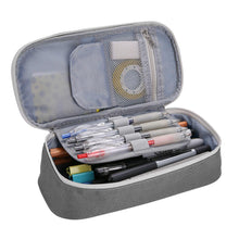 Gray zippered pencil case open, showing mesh pockets and elastic loops for pens.