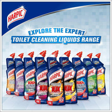 Harpic toilet cleaning liquids range display with multiple bottles and red caps