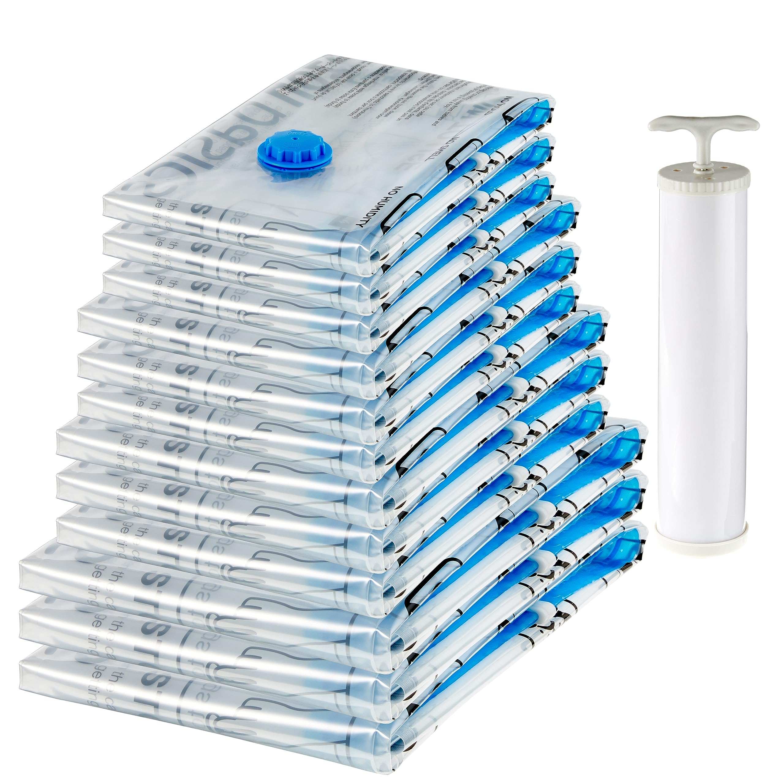 Vacuum Compression Zipper Storage Bags with Airtight Valve and Hand Pump, 3x (Jumbo, Large, Medium, Small), 12-Pack, Multiple, Clear