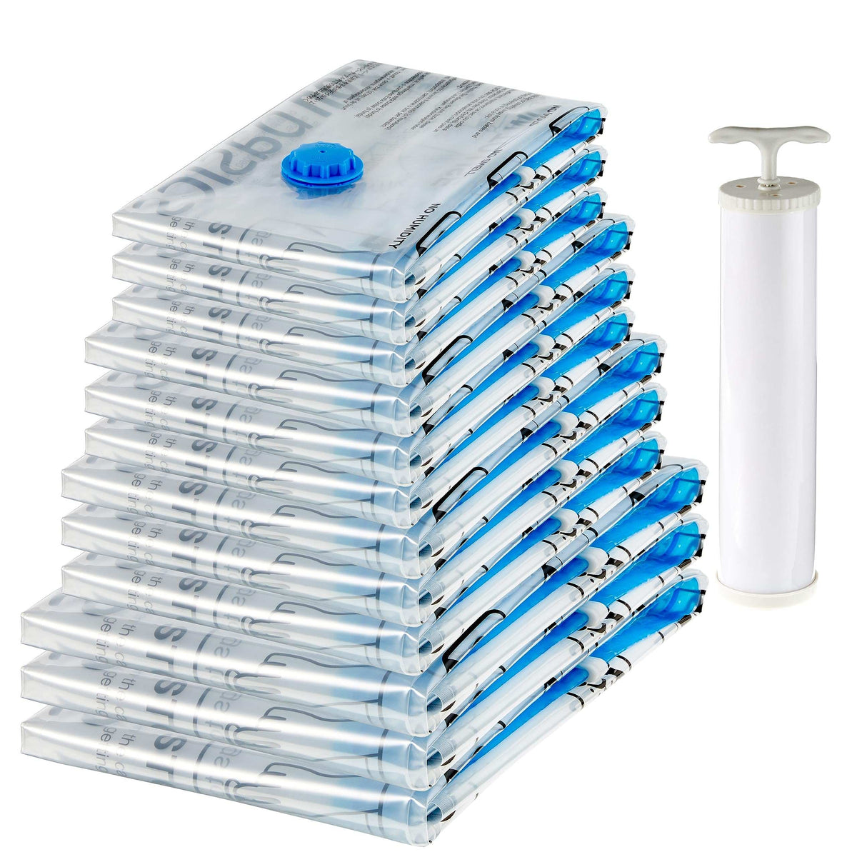 Vacuum Compression Zipper Storage Bags with Airtight Valve and Hand Pump, 3x (Jumbo, Large, Medium, Small), 12-Pack, Multiple, Clear