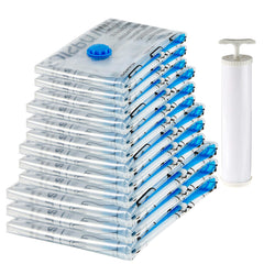 Vacuum Compression Zipper Storage Bags with Airtight Valve and Hand Pump, 3x (Jumbo, Large, Medium, Small), 12-Pack, Multiple, Clear