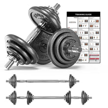 Cast iron dumbbell weight plates with straight bar handle and training guide