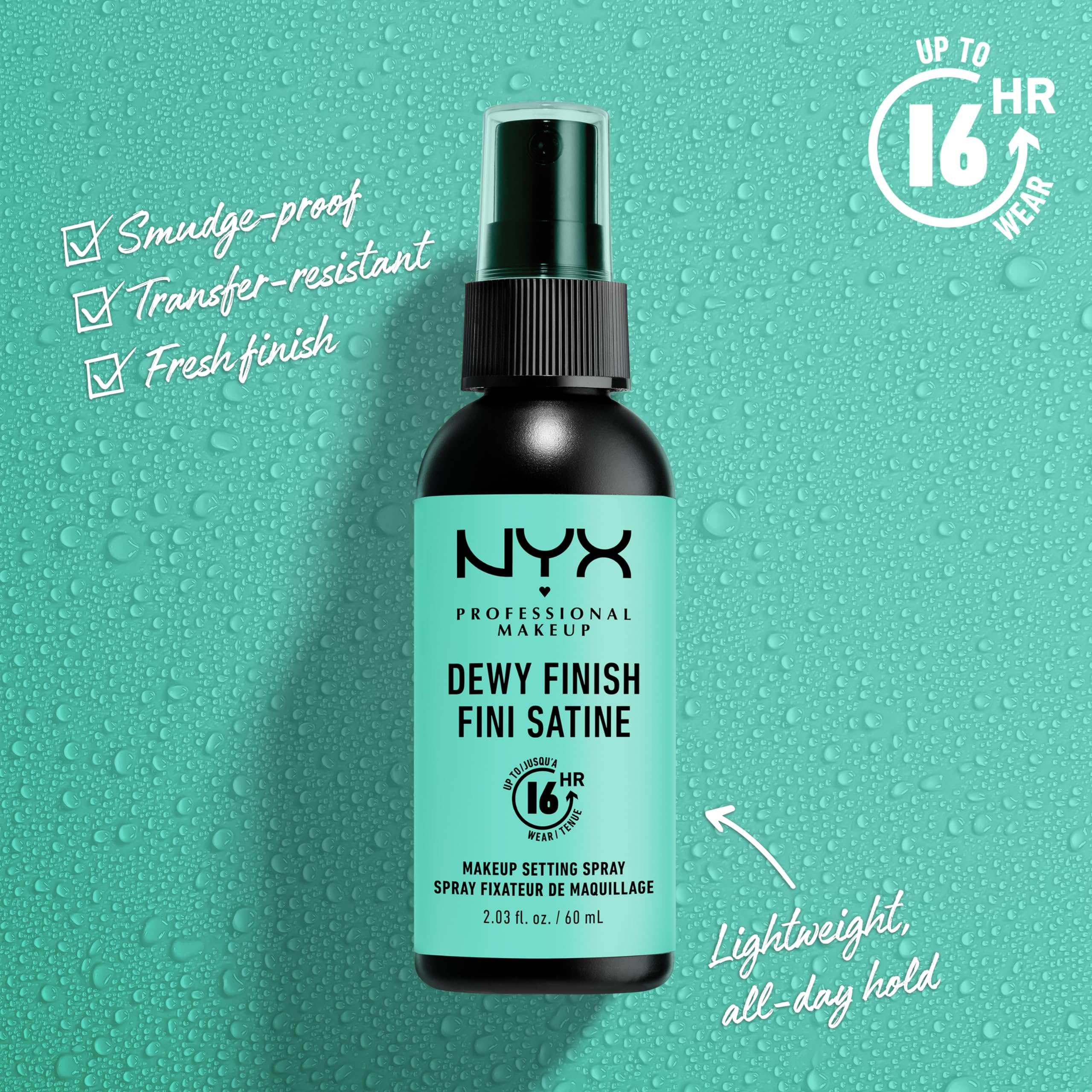 NYX Professional Makeup | Dewy Finish Setting Spray - Lightweight, Holds Makeup Up to 16 Hours - 60ml, Dewy Finish - No. 02