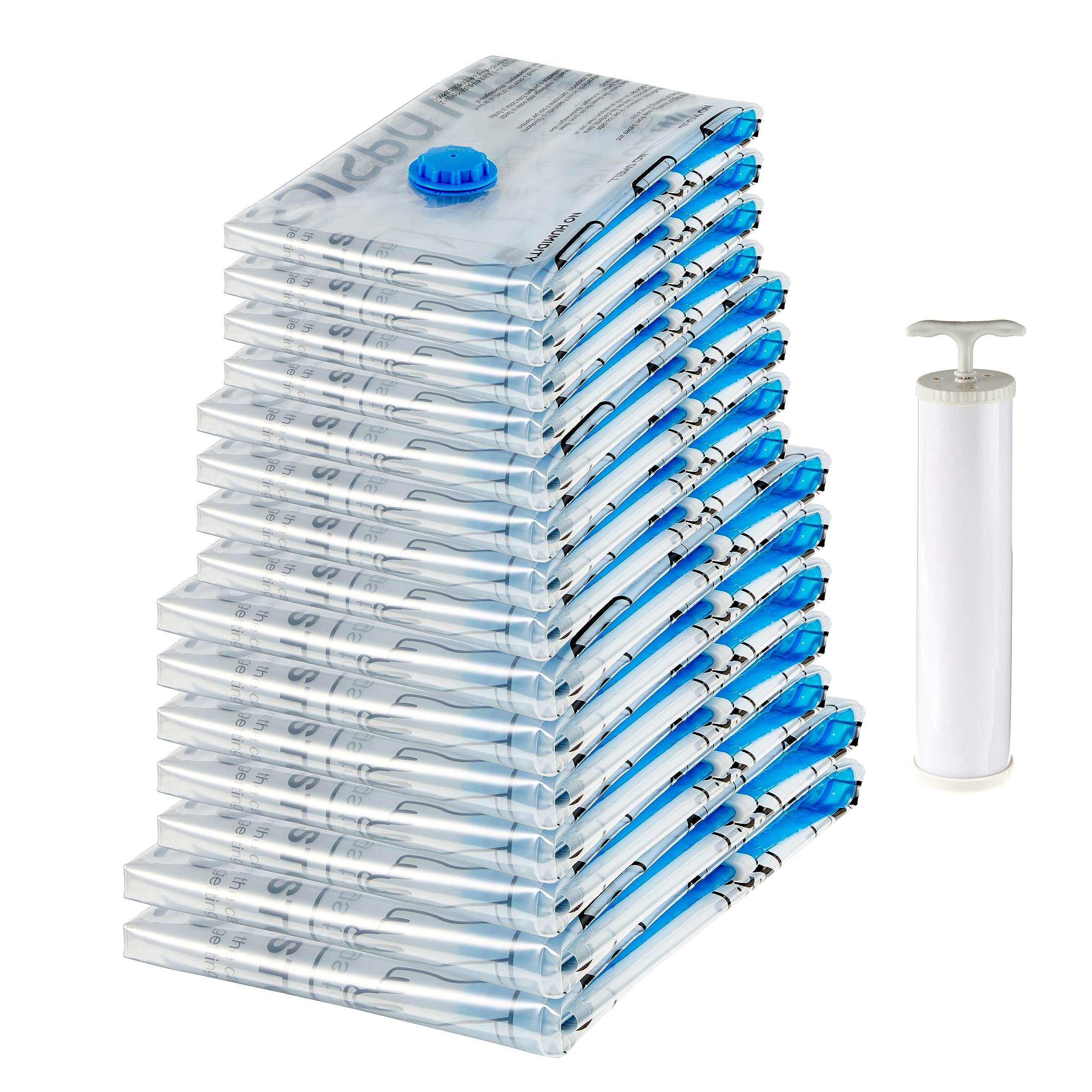 Vacuum Compression Zipper Storage Bags with Airtight Valve and Hand Pump, 15-Pack, 2x X-Jumbo, 5x Jumbo, 4x (Large, Medium), Multiple, Clear