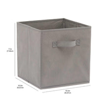 Grey collapsible fabric storage cube with front handle and open top
