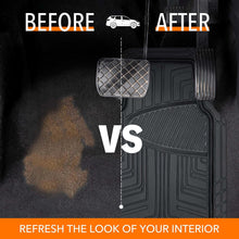 Black rubber car floor mat with molded grid pattern and raised border