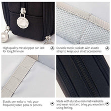 Black pencil pouch detail: metal zippers, elastic pen loops, mesh pockets, sturdy stitching