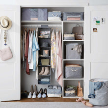 Gray 6-tier hanging shelf organizer inside closet with open fabric storage bins