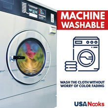 Machine-washable microfiber cleaning cloth, shown with washing machine icon