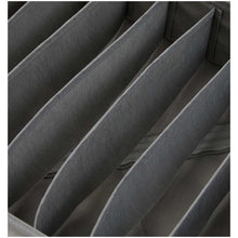 Gray fabric divider insert with evenly spaced long compartments for drawer organization