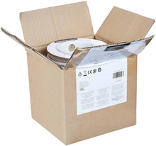Speaker wire cable spool and documentation in opened cardboard box, brown packaging.