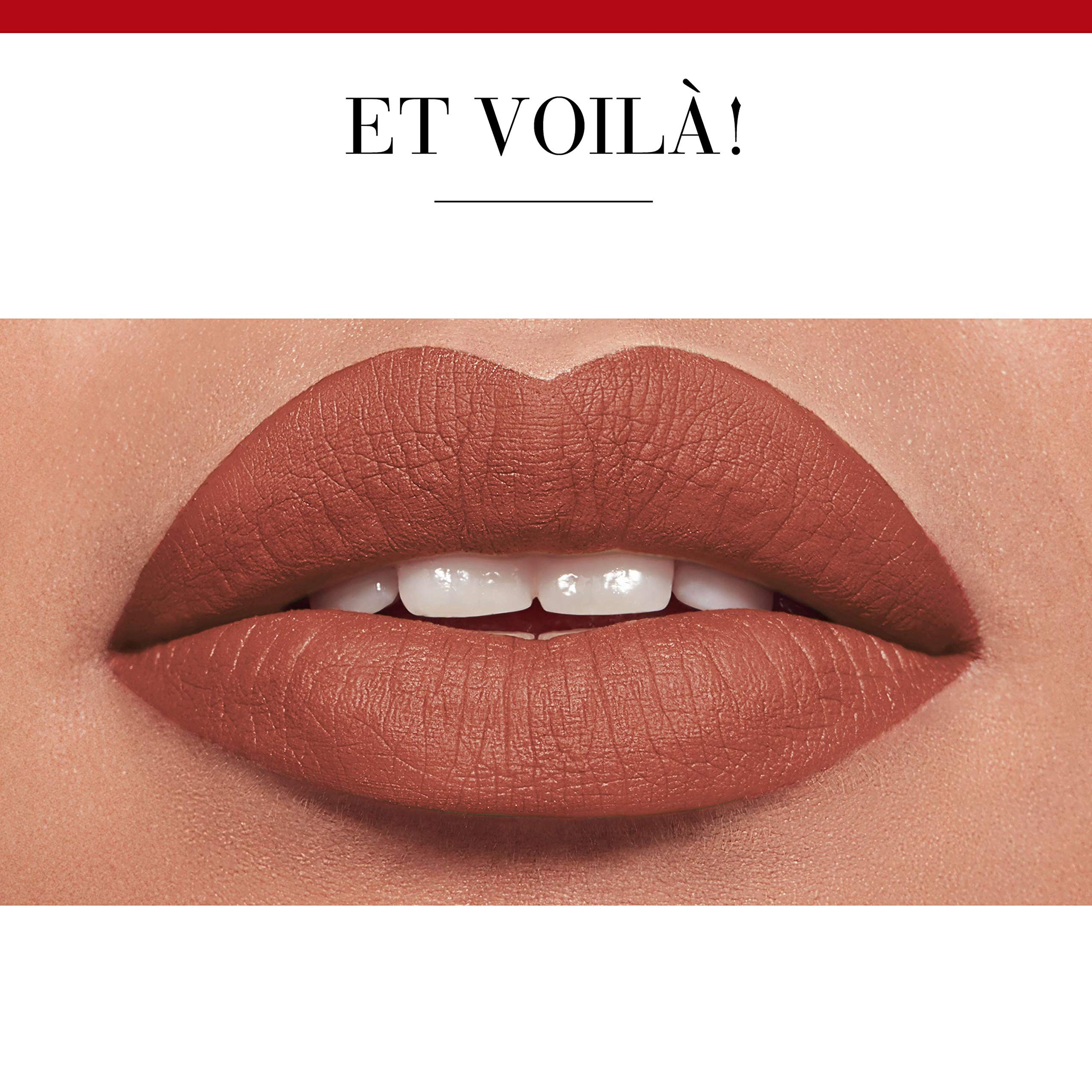 Close-up of lips wearing Bourjois Rouge Velvet Lipstick in a matte warm brown shade