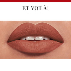 Close-up of lips wearing Bourjois Rouge Velvet Lipstick in a matte warm brown shade