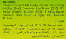 Stevia sweetener ingredients panel listing sweeteners, stabilizers, and chromium picolinate