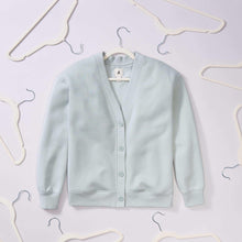 Ivory hanger set with notched shoulders holding a light blue cardigan