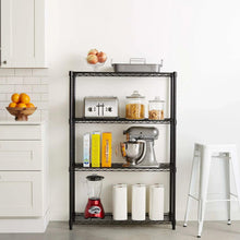 Black metal wire storage rack with four open shelves