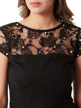 Black sheer lace bodice with floral embroidery and small pearl-like accents