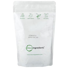 Organic chlorella powder pouch back, microingredients logo with green quality icons