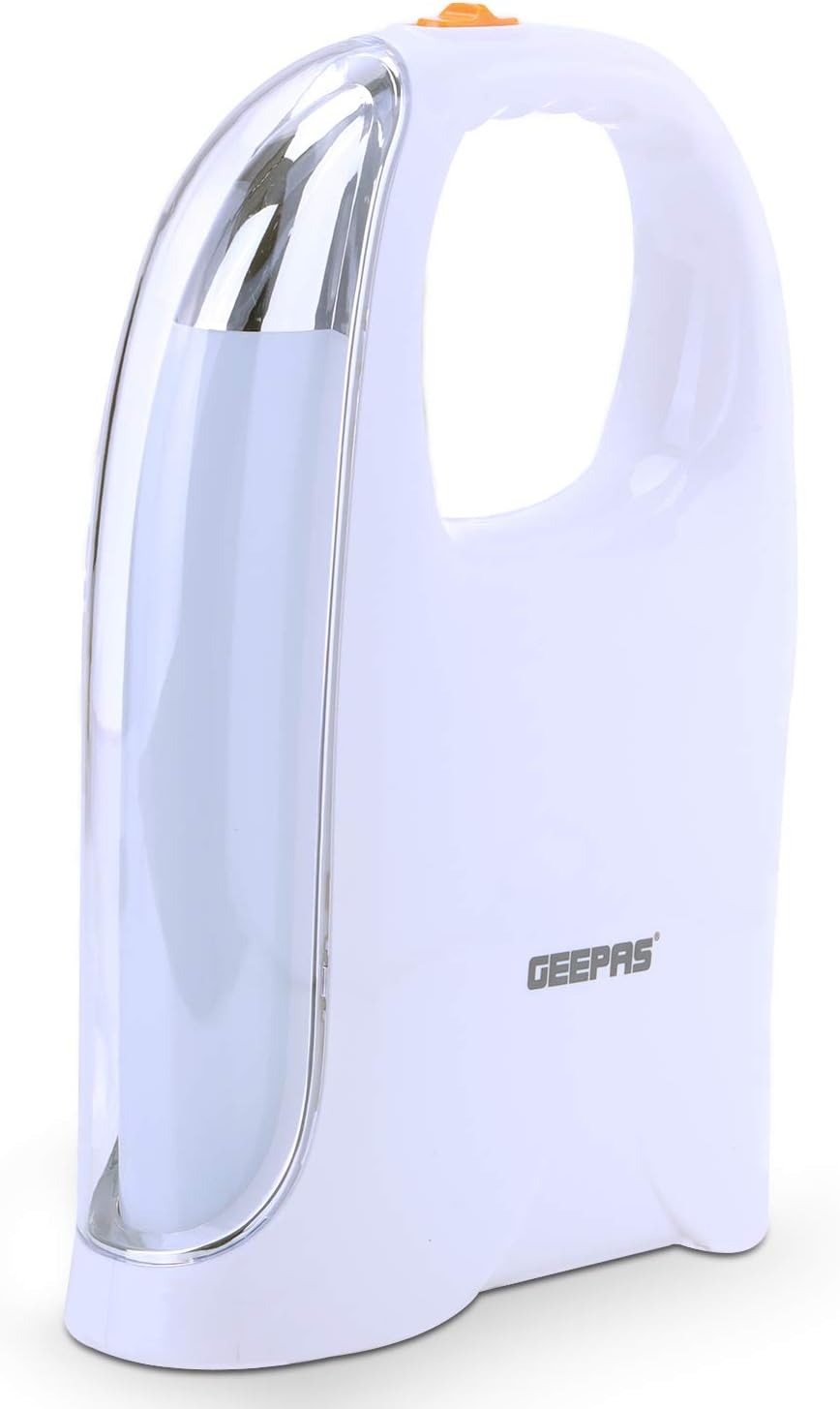 White rechargeable LED emergency lantern with chrome handle and open carrying loop
