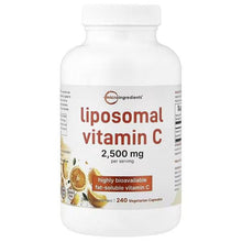 Liposomal vitamin C supplement bottle, white plastic with front label and cap
