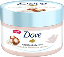 Dove exfoliating body polish scrub in light blue and white jar, brown rim, 225 ml