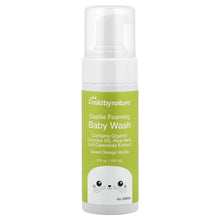 Foaming baby wash bottle with green label, sweet orange vanilla