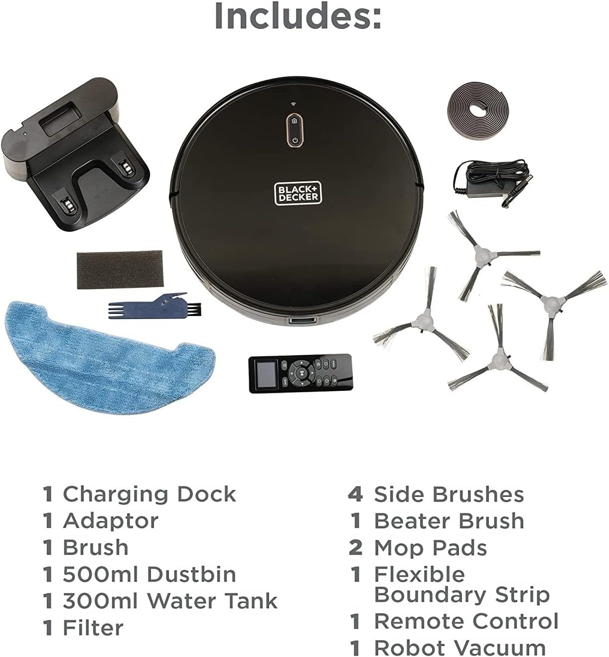 BLACK+DECKER robotic vacuum and mop kit, robot with mop pads, side brushes, dock