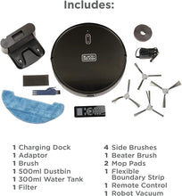 BLACK+DECKER robotic vacuum and mop kit, robot with mop pads, side brushes, dock