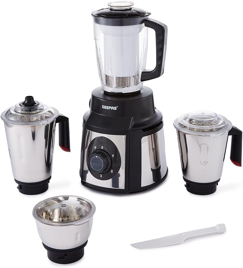 Geepas 5-IN-1 Mixer Grinder- GSB5457N| 1000 W Powerful Copper Motor and Stainless Steel Jars| Modern Design, Durable Body, Robust Handles and Sharp Blades| 2 Years Warranty