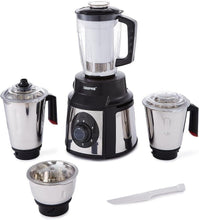 Geepas 5-in-1 mixer grinder with three stainless steel jars, black base, control dial